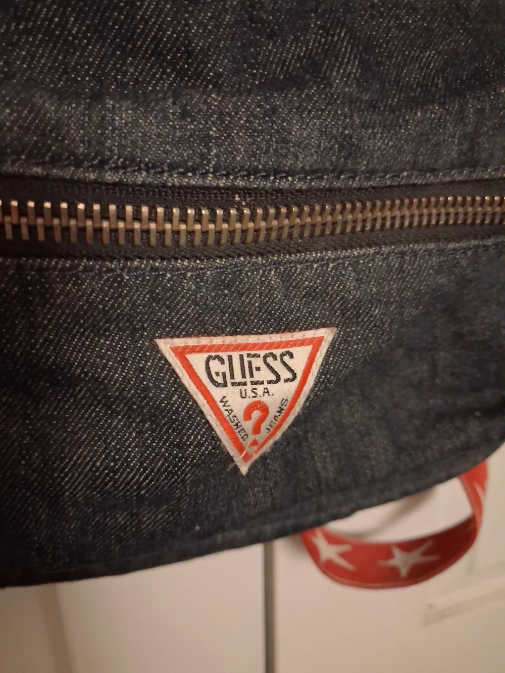 GUESS Denim Backpack in Dark Blue with Red Star-Print Straps